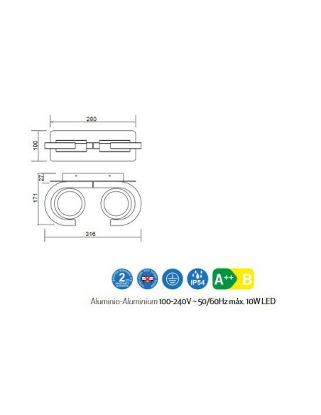 Aplique Iguazú 2 Luces Gris