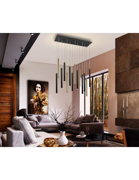 Lámpara Varas de 14 Luces Negro Oro Dimable con Mando