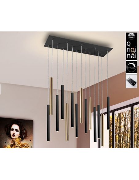 Lámpara Varas de 14 Luces Negro Oro Dimable con Mando