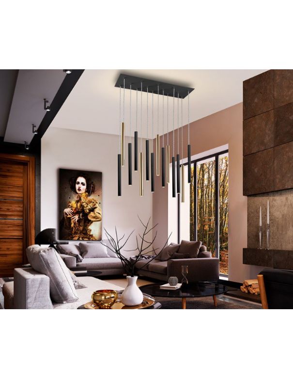 Lámpara Varas de 14 Luces Negro Oro Dimable