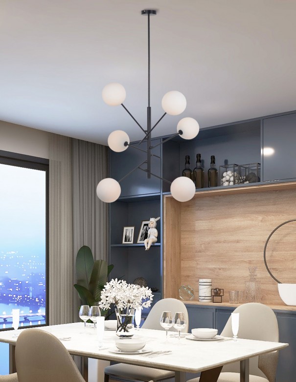 Lámpara de 6 luces negra con tulipas opal