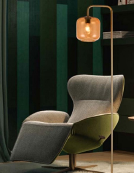 Pie de salón dorado con cristal ambar