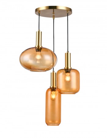 Lámpara de techo cuero con 3 tulipas ambar