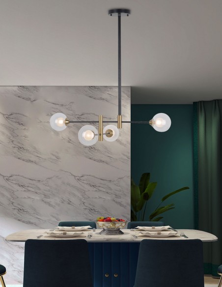 Lámpara de techo negro/oro con tulipas transparentes