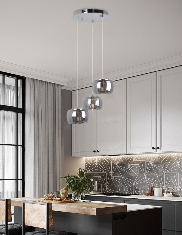 Lámpara colgante a 3 alturas con tulipas fumé