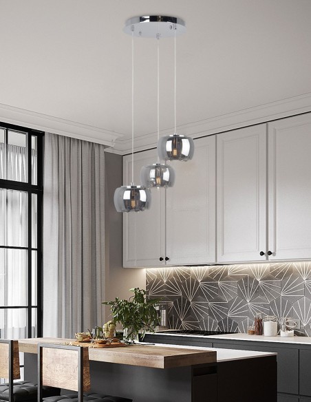 Lámpara colgante a 3 alturas con tulipas fumé