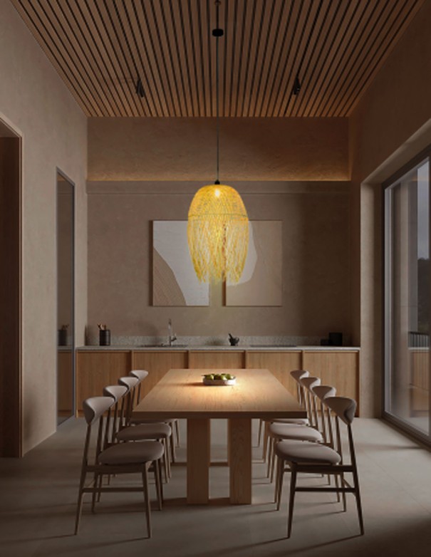 Lámpara de techo rattan con flecos