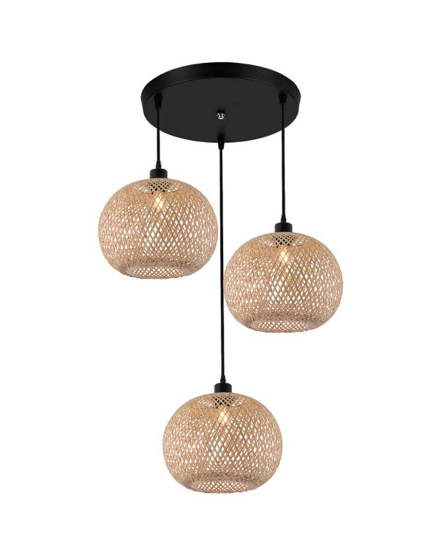 Lámpara Plafón 3 Bolas de 25 CM Mimbre Natural