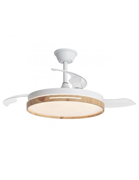Ventilador muy barato blanco y madera con aspas escamoteables