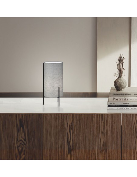 Lámpara de Mesa Trípode Negro Textil Gris