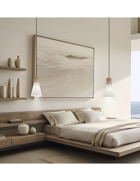 Lámpara de Techo Cono Invertido Madera y Tela