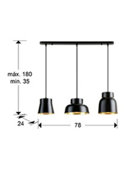 Vulcano Lámpara Lineal 3 Luces Negro/Oro  Schuller